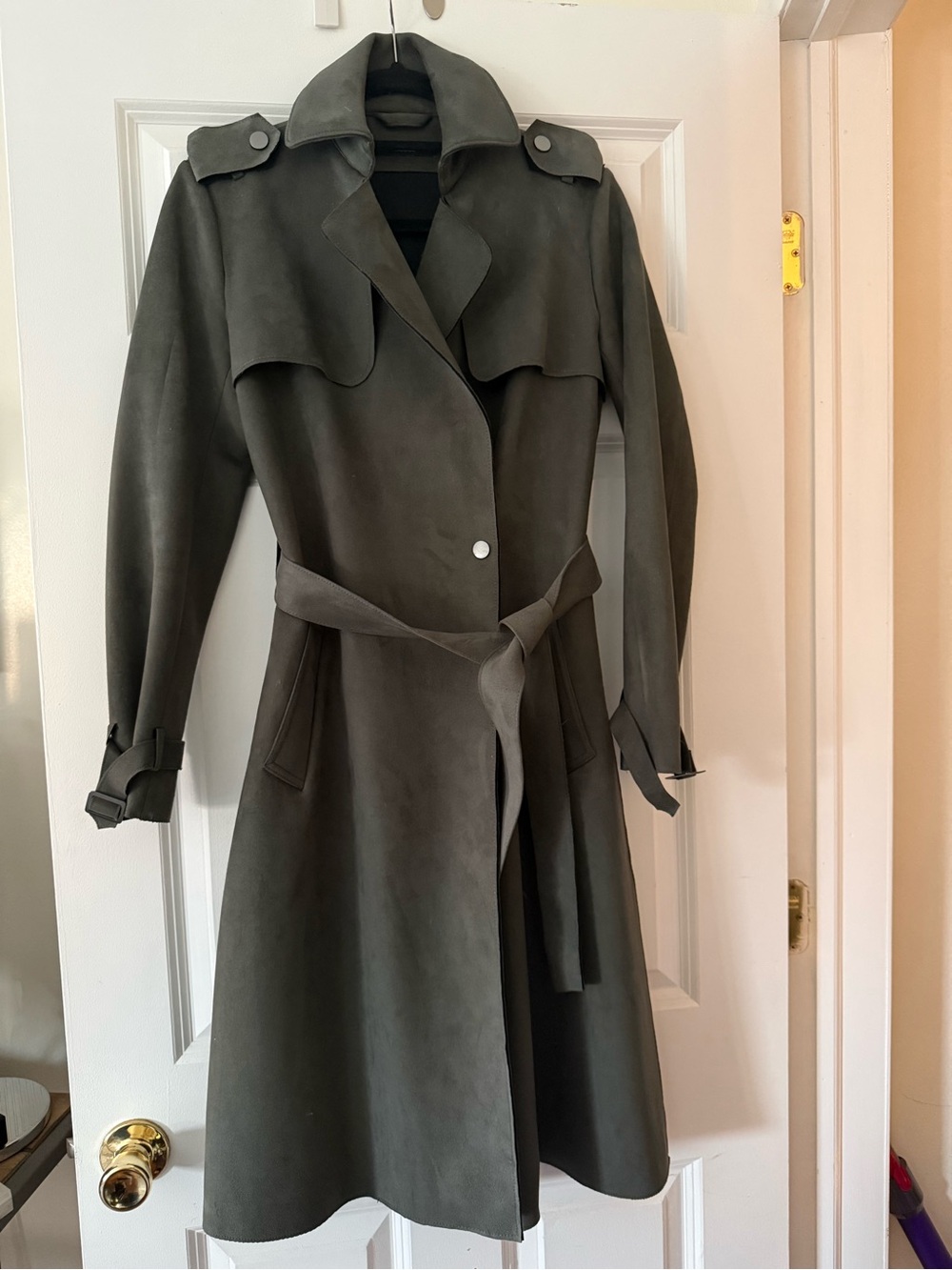 Tahari Faux Suede Trench Coat XS Olive Gray Belted – Worn Once